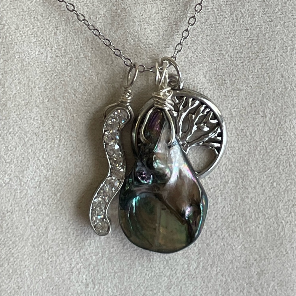 Abalone Wire Wrapped & Tree of Life Pendant Necklace –Rhinestone Charm –Handmade - Picture 6 of 7